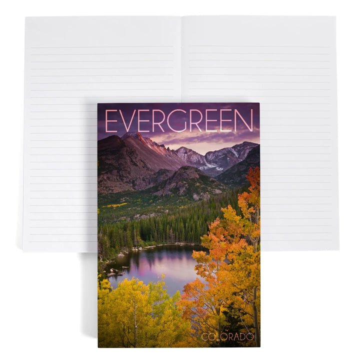 Lined 6x9 Journal, Evergreen, Colorado, Rocky Mountain National Park, Purple Sunset and Lake, Photography, Lay Flat, 193 Pages, FSC paper