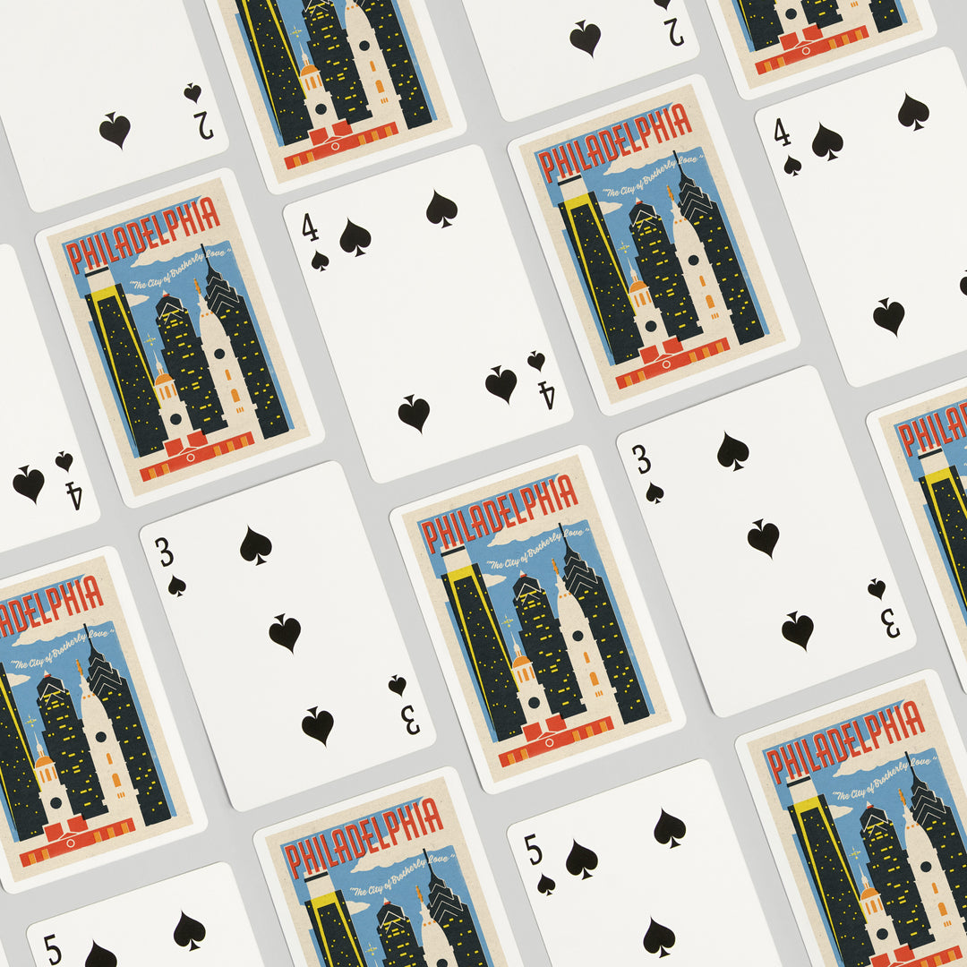 Playing Cards, Philadelphia, Pennsylvania, Woodblock City Series, Skyline, 52 Card Deck with Jokers in Box, Unique Art