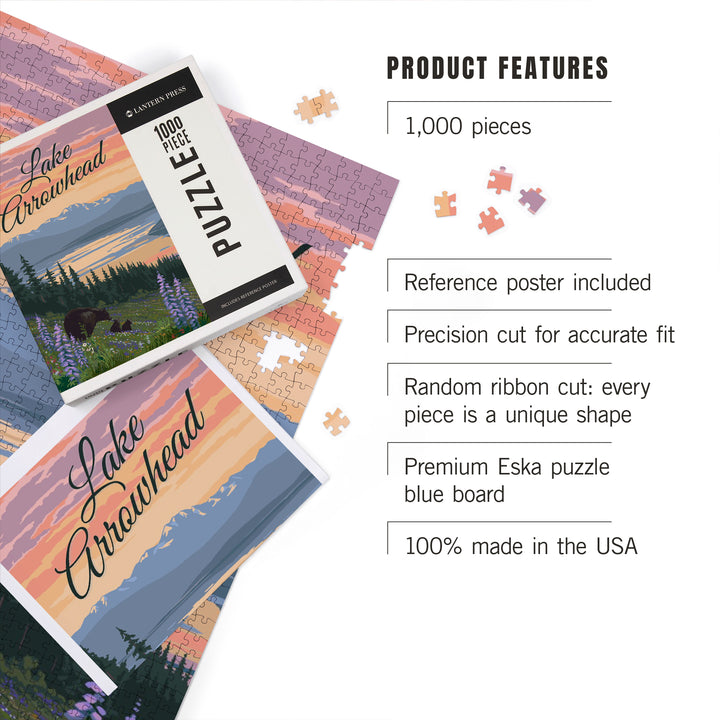 Lake Arrowhead, California, Black Bear and Cubs with Flowers, 1000 Piece Jigsaw Puzzle