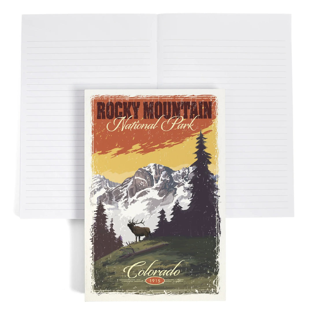 Lined 6x9 Journal, Rocky Mountain National Park, Mountain View and Elk, Distressed, Lay Flat, 193 Pages, FSC paper