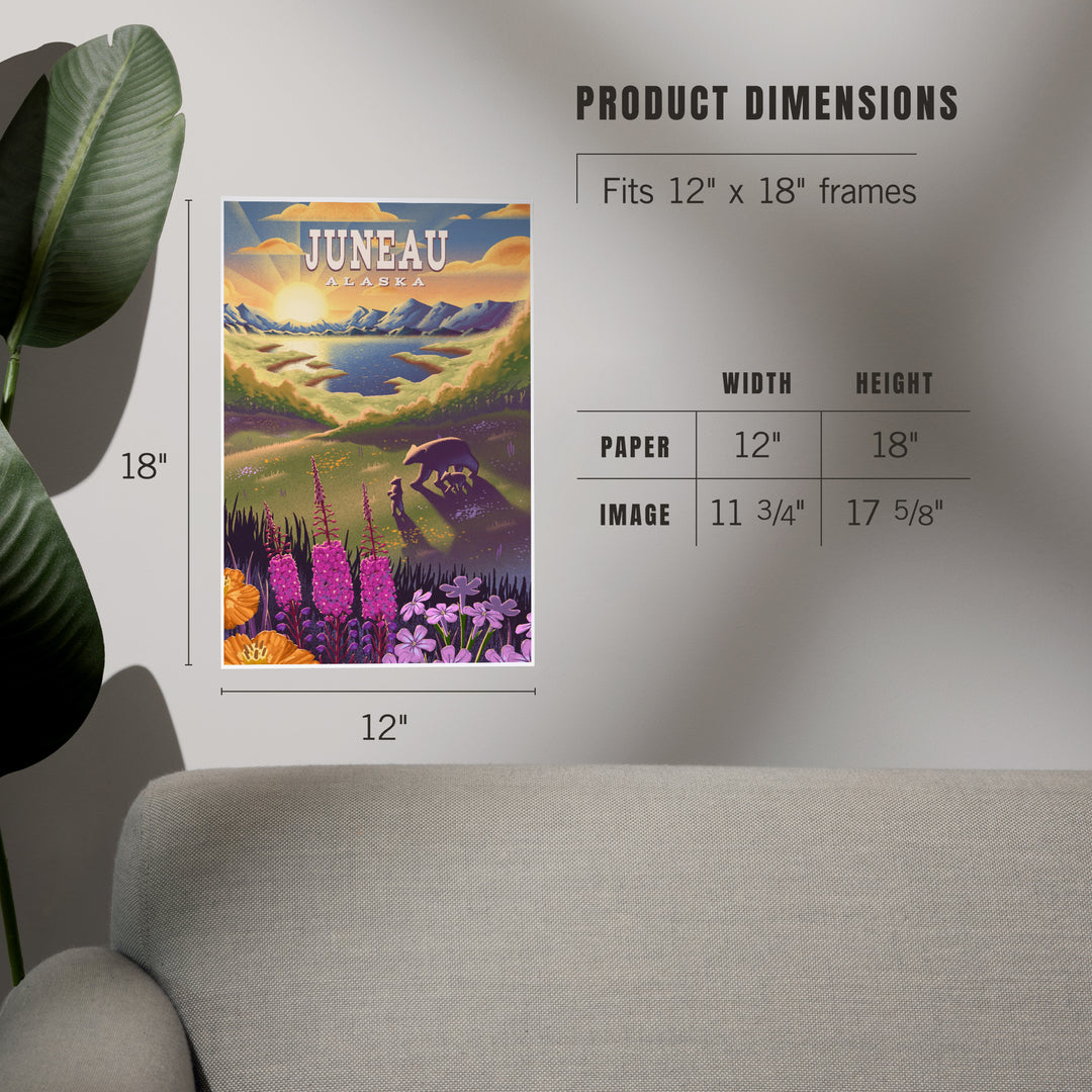 Juneau, Alaska, Bear and Spring Flowers Litho, Art & Giclee Prints