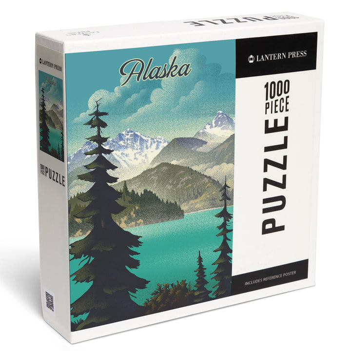 Alaska, Lithograph, Lake and Mountain Scene, Jigsaw Puzzle