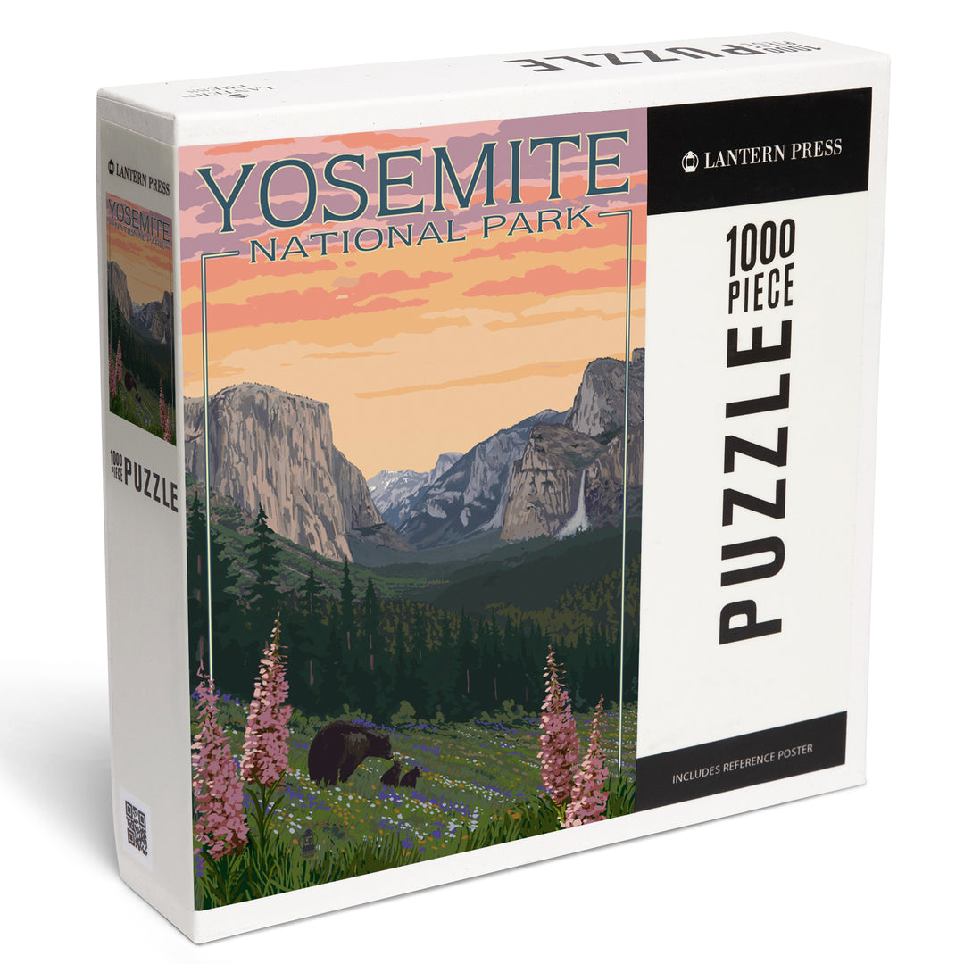 Yosemite National Park, California, Bear and Cubs with Flowers, Jigsaw Puzzle