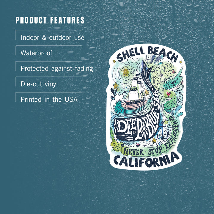 Shell Beach, California, Watercolor Whale, Deep Blue Sea, Nautical Art, Contour, Vinyl Sticker