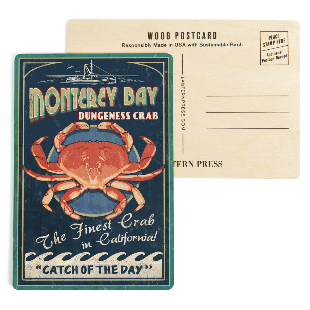 Monterey Bay, California, Dungeness Crab, Vintage, Wood Sign and Postcards