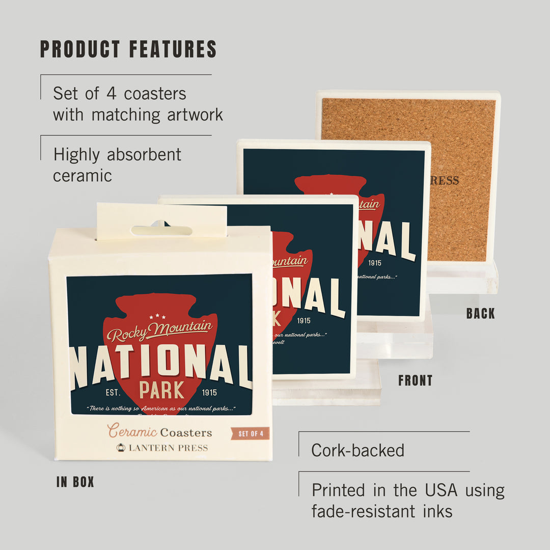 Rocky Mountain National Park, America's National Park, Distressed Typography, Navy Press, Coasters