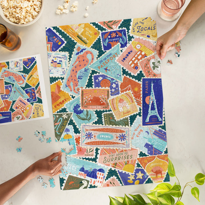 Well Traveled, Travel Stamp Collage, 1000 Piece Jigsaw Puzzle