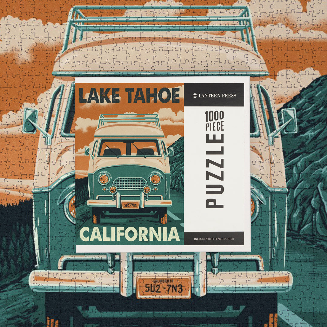 Lake Tahoe, California, Letterpress, Camper Van, Jigsaw Puzzle