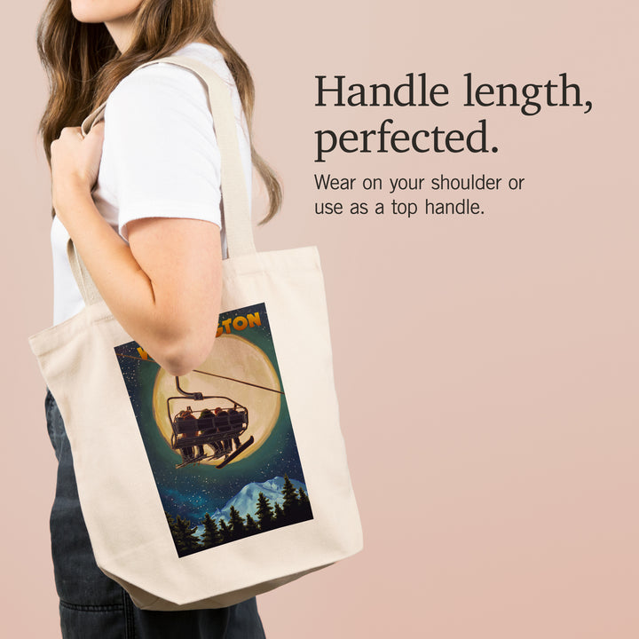 Washington Ski Lift, Full Moon Snowboarder, Tote Bag