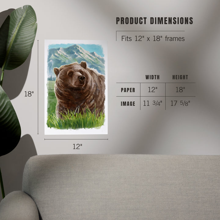 Watercolor Study, Grizzly Bear with Mountain, Art & Giclee Prints