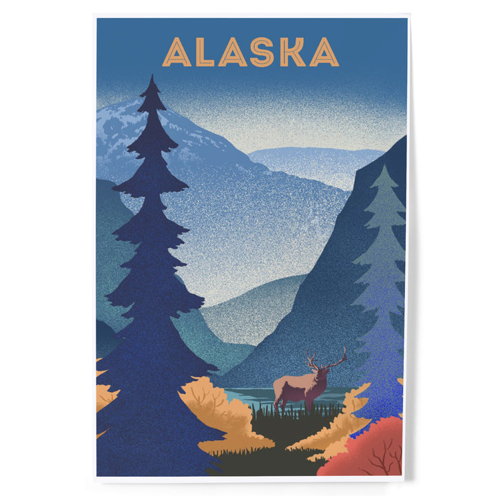 Alaska, Lithograph, Elk and Mountains Scene, Art & Giclee Prints
