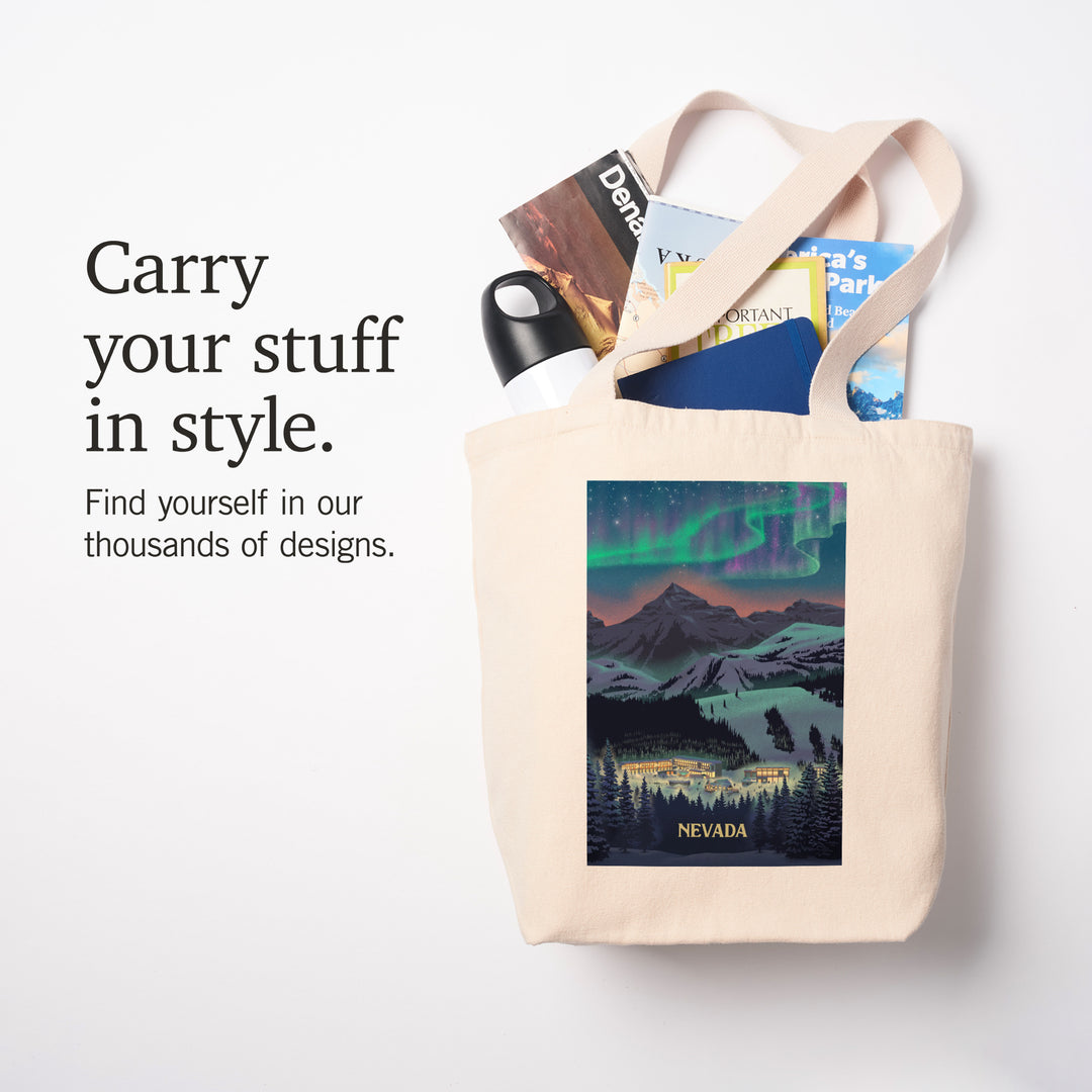 Nevada, Village under Northern Lights, Tote Bag