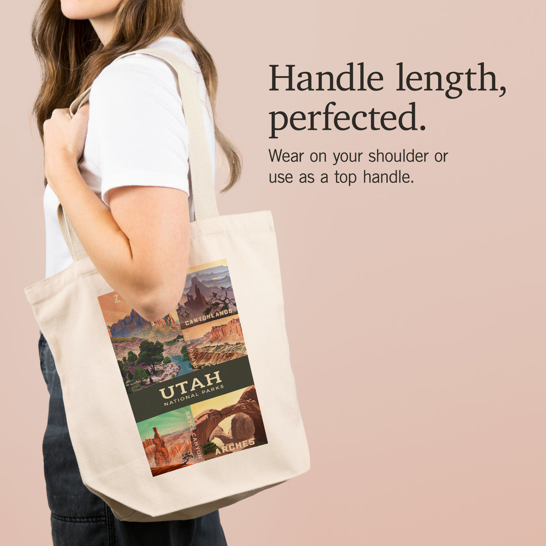 Utah's National Parks Collage, Lithograph National Park Series, Tote Bag
