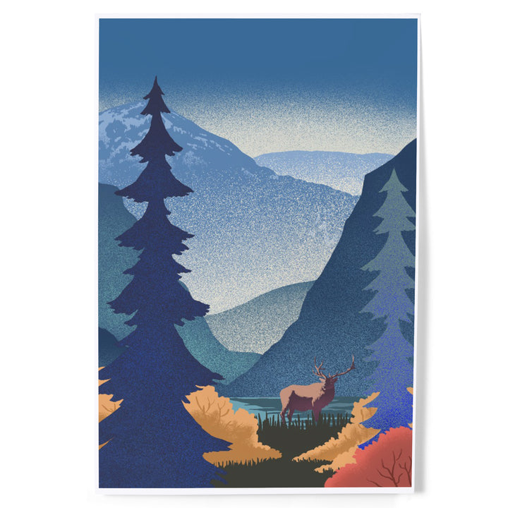 Lithograph, Elk and Mountains Scene,, Art & Giclee Prints