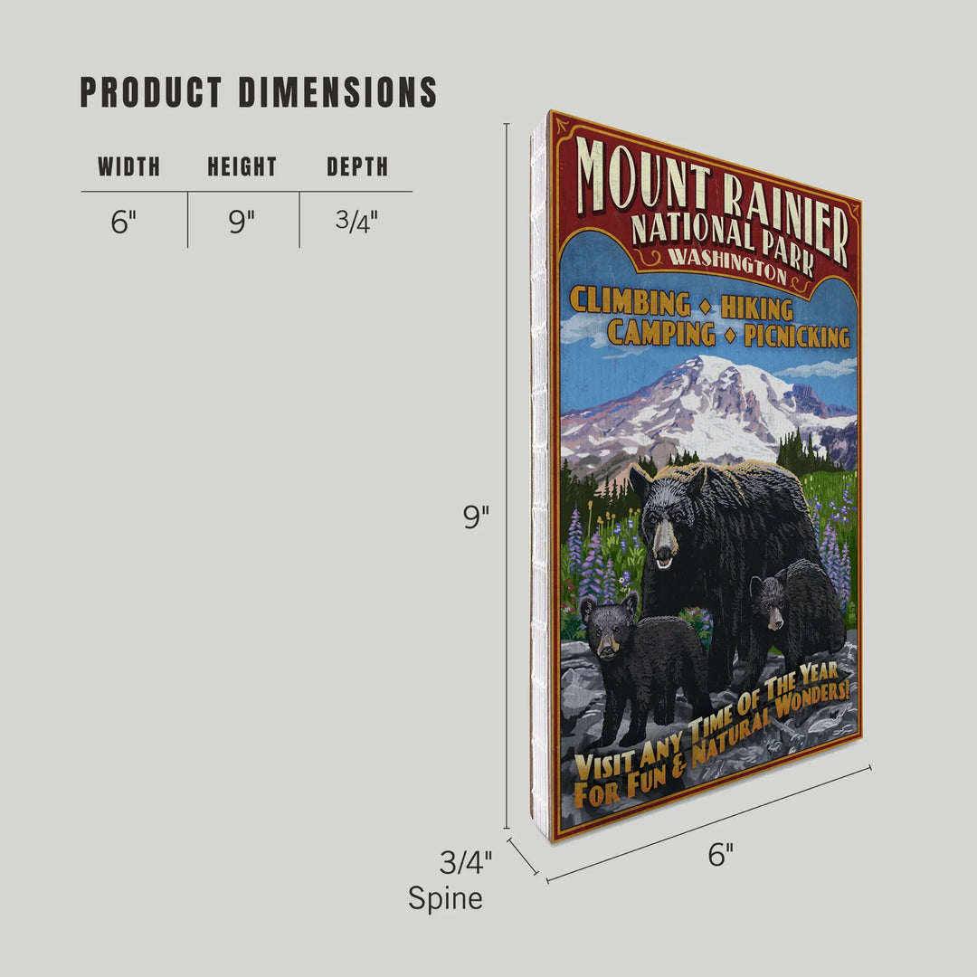 Lined 6x9 Journal, Mount Rainier National Park, Bear Family Vintage Sign, Lay Flat, 193 Pages, FSC paper