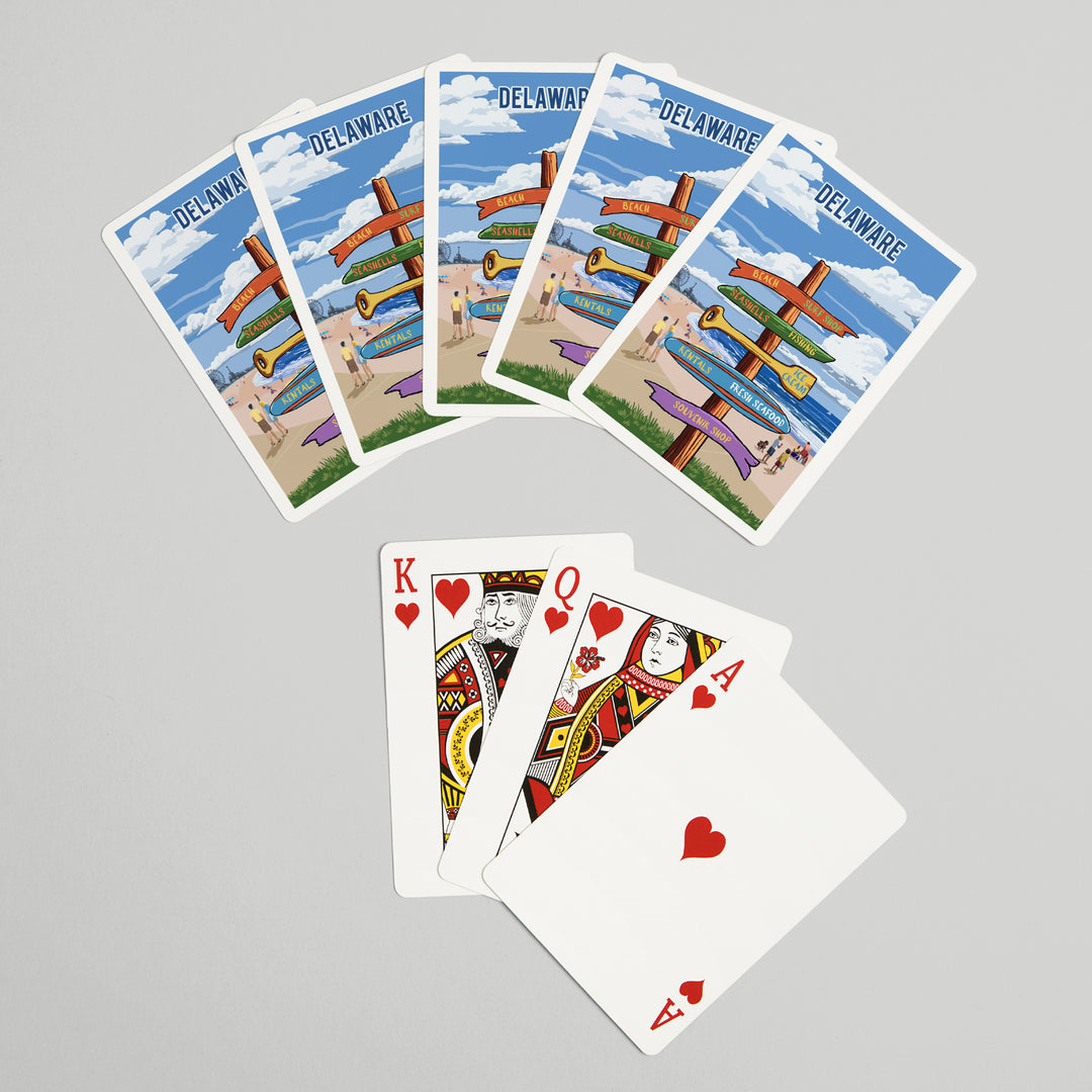 Playing Cards, Delaware, Signpost, Coast Beach with Pier, 52 Card Deck with Jokers in Box, Unique Art