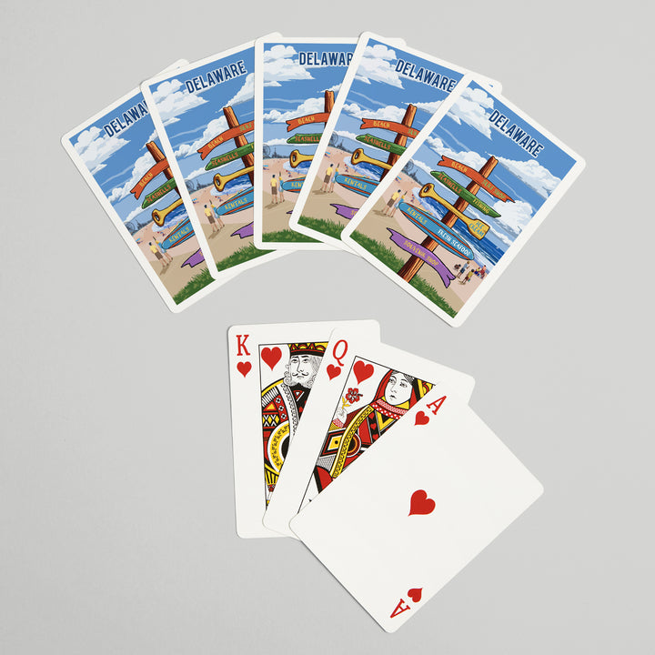 Playing Cards, Delaware, Signpost, Coast Beach with Pier, 52 Card Deck with Jokers in Box, Unique Art