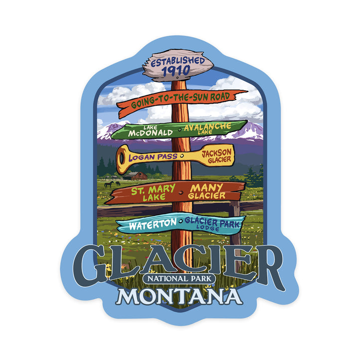 Glacier National Park, Montana, Destination Signpost 2, Contour, Lantern Press Artwork, Vinyl Sticker