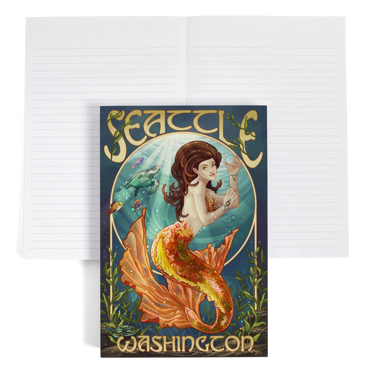 Lined 6x9 Journal, Seattle, Washington, Mermaid Scene, Lay Flat, 193 Pages, FSC paper