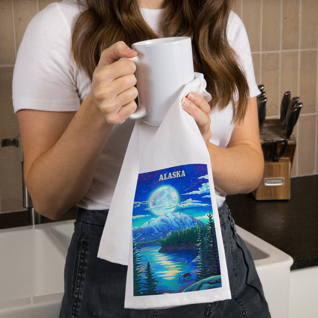Alaska, Oil Painting, Lake and Super Moon, Organic Cotton Kitchen Tea Towels