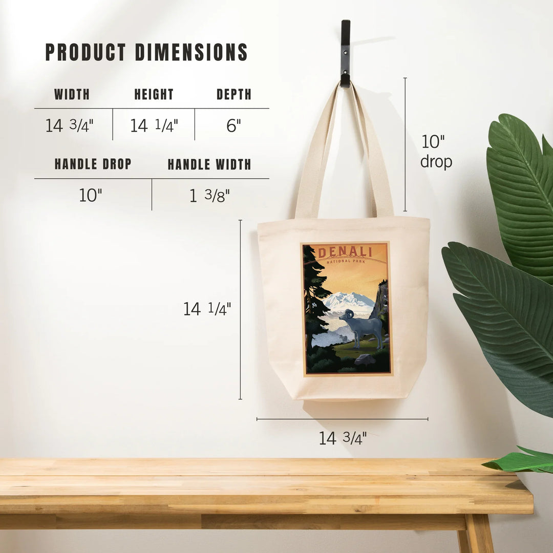 Denali National Park, Alaska, Dall Sheep and Mountain, Lithograph National Park Series, Tote Bag