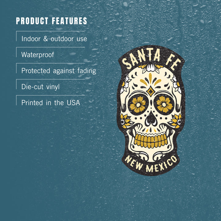 Santa Fe, New Mexico, Sugar Skull & Flower Pattern (Black & Gold), Contour, Lantern Press Artwork, Vinyl Sticker