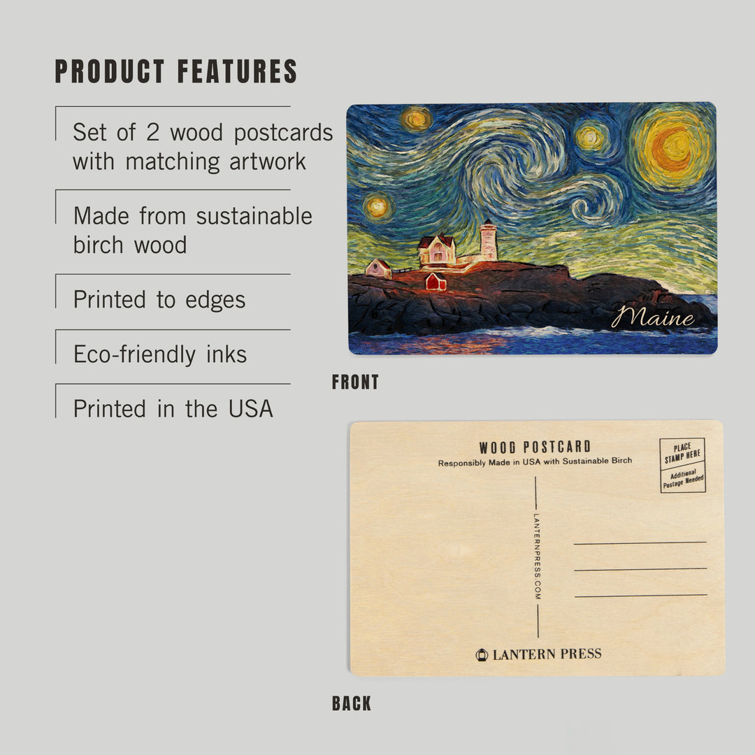 Maine, Lighthouse, Starry Night, Wood Sign and Postcards
