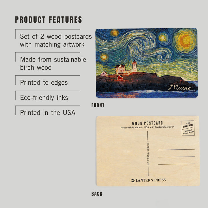 Maine, Lighthouse, Starry Night, Wood Sign and Postcards