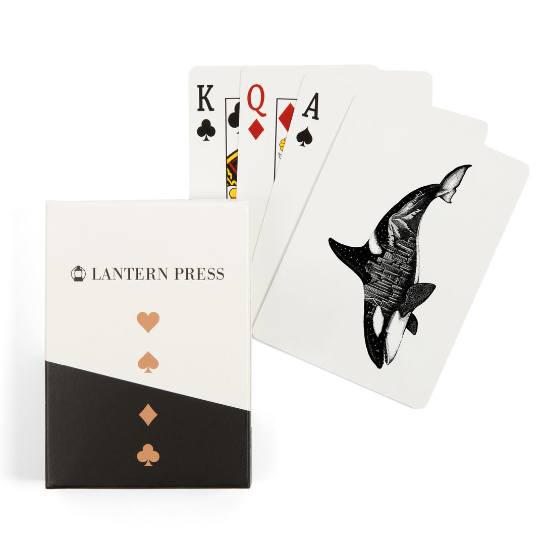 Playing Cards, Orca and Seattle Skyline, Double Exposure, 52 Card Deck with Jokers in Box, Unique Art