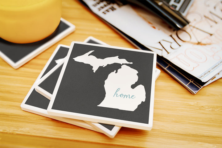 Michigan, Home State, White and Blue on Charcoal, Coaster Set