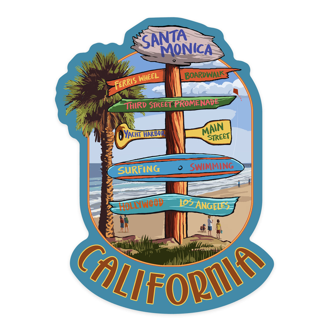 Santa Monica, California, Destination Sign, Contour, Lantern Press Artwork, Vinyl Sticker