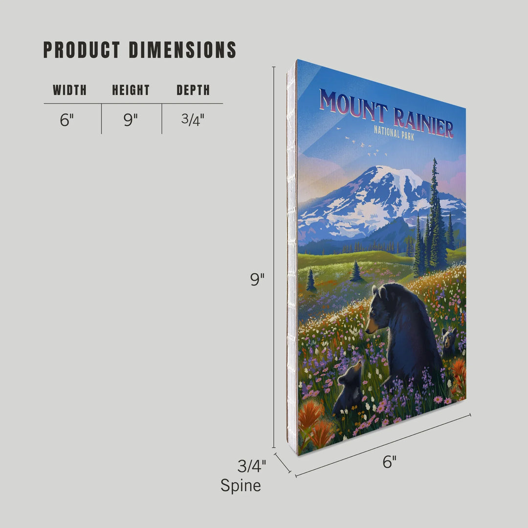 Lined 6x9 Journal, Mount Rainier National Park, Washington, Painterly, Bear Family in Field, Lay Flat, 193 Pages, FSC paper