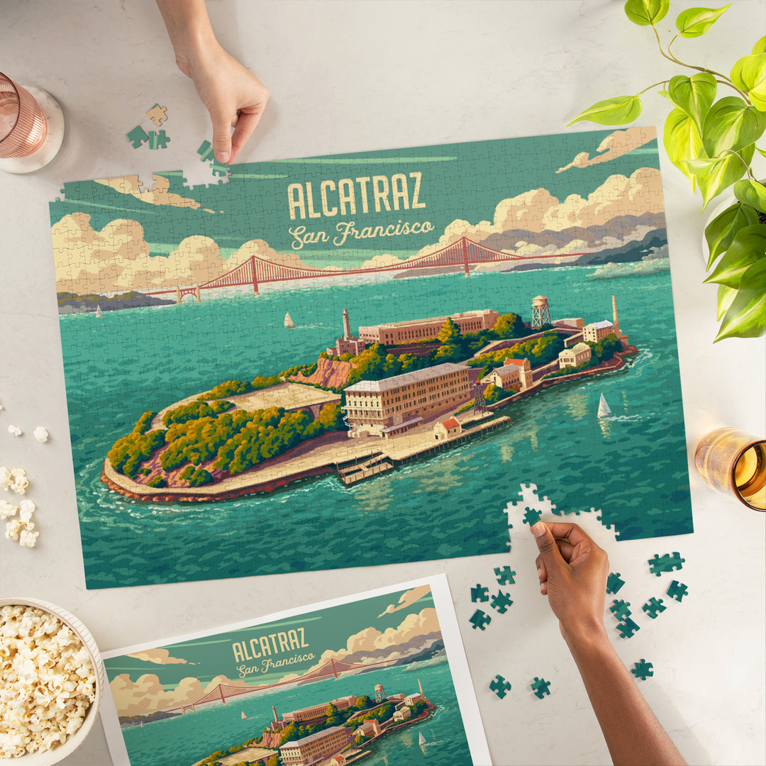 San Francisco, California, Alcatraz with Golden Gate Bridge, Painterly, 1000 Piece Jigsaw Puzzle