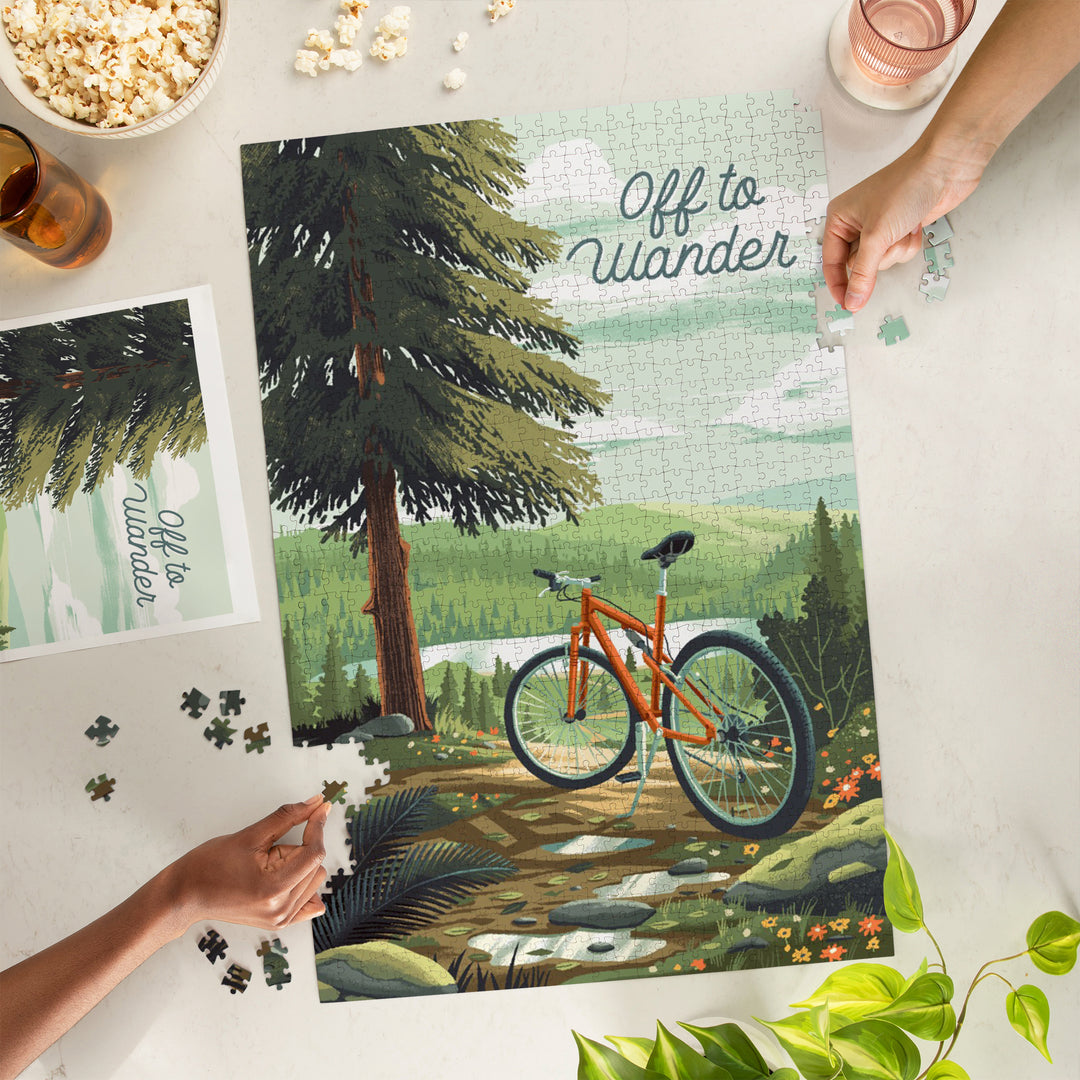 Off To Wander, Cycling with Hills, Evergreens, 1000 Piece Jigsaw Puzzle