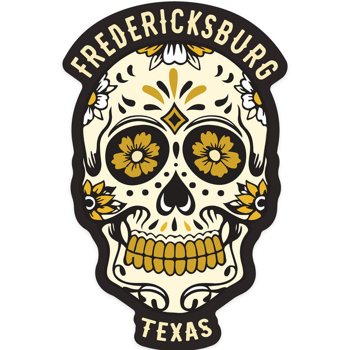 Fredericksburg, Texas, Day of the Dead, Sugar Skull and Flower Pattern (Black and Gold), Vinyl Sticker