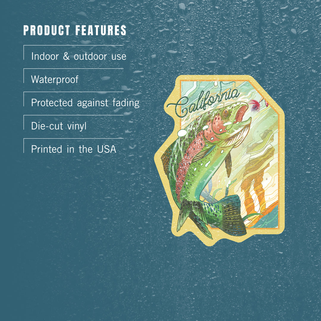 California, Fishing, Underwater Trout, Contour, Vinyl Sticker - Lantern Press