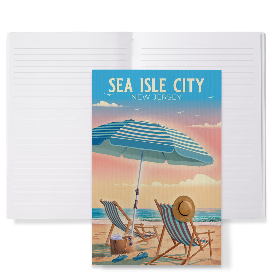 Lined 6x9 Journal, Sea Isle City, New Jersey, Beach Chair and Umbrella, Lay Flat, 193 Pages, FSC paper