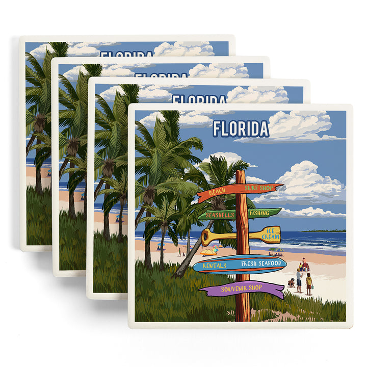 Florida, Signpost, Coast Beach with Palms, Coasters