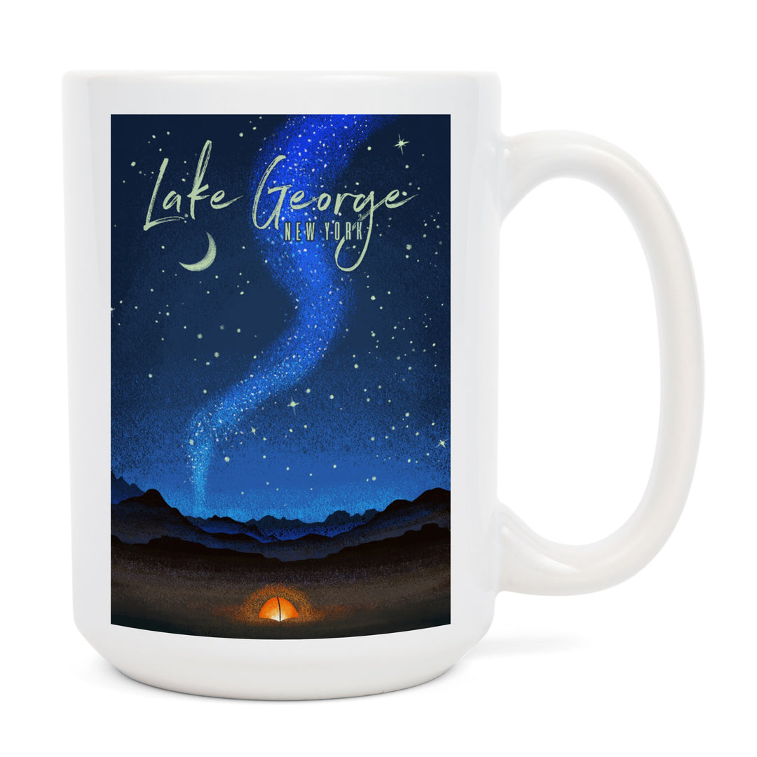 Lake George, New York, Tent & Night Sky, Mid-Century Style, Lantern Press Artwork, Ceramic Mug