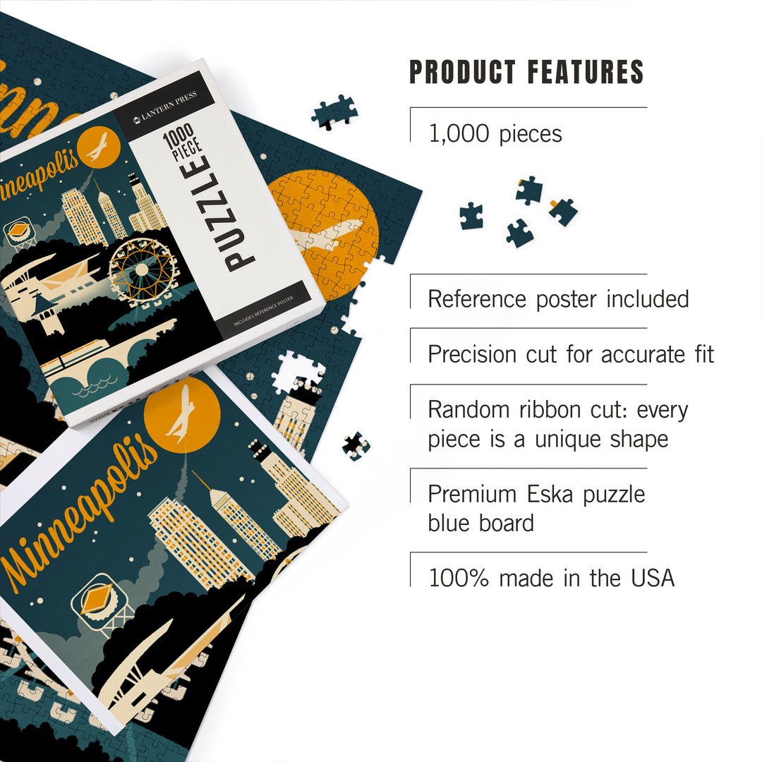 Minneapolis, Minnesota, Retro Skyline, 1000 Piece Jigsaw Puzzle