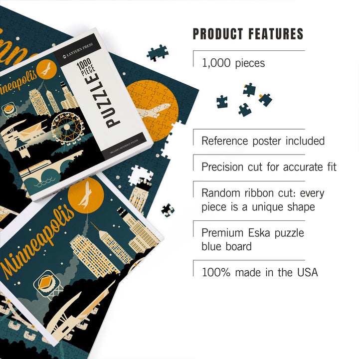 Minneapolis, Minnesota, Retro Skyline, 1000 Piece Jigsaw Puzzle