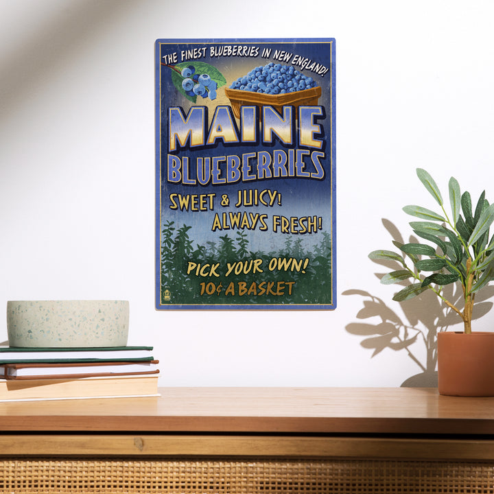 Maine, Blueberries Vintage Sign, Wood Sign and Postcards
