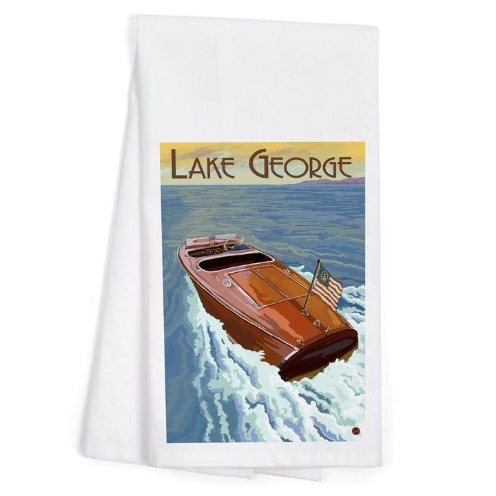 Lake George, New York, Wooden Boat on Lake, Organic Cotton Kitchen Tea Towels