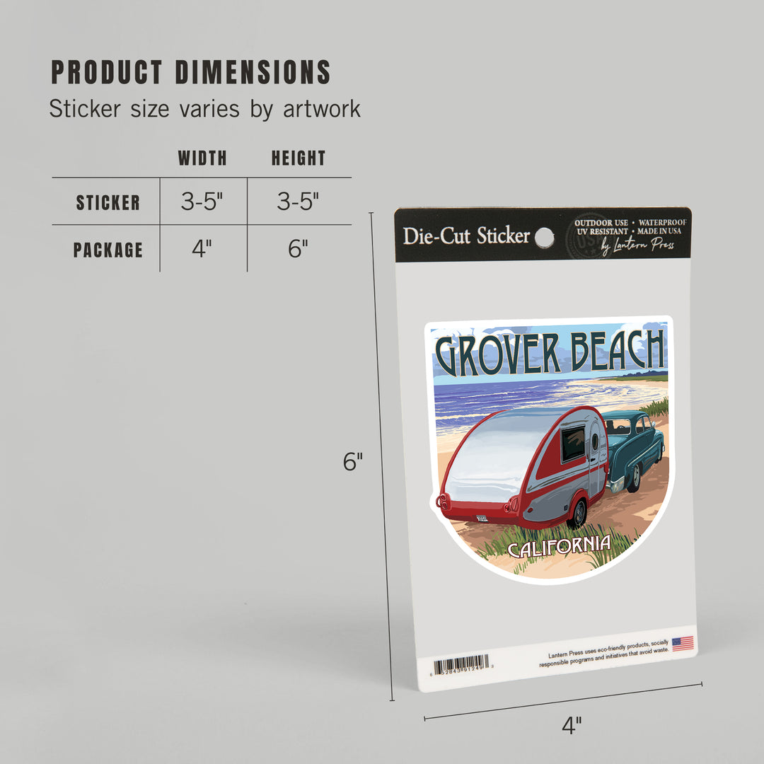 Grover Beach, California, Retro Camper on Beach, Contour, Vinyl Sticker