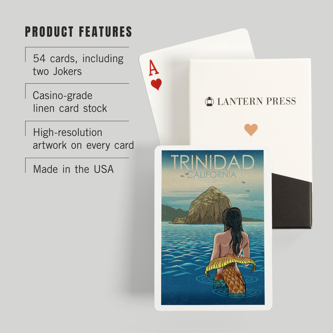Playing Cards, Trinidad, California, Mermaid, Woodblock, 52 Card Deck with Jokers in Box, Unique Art