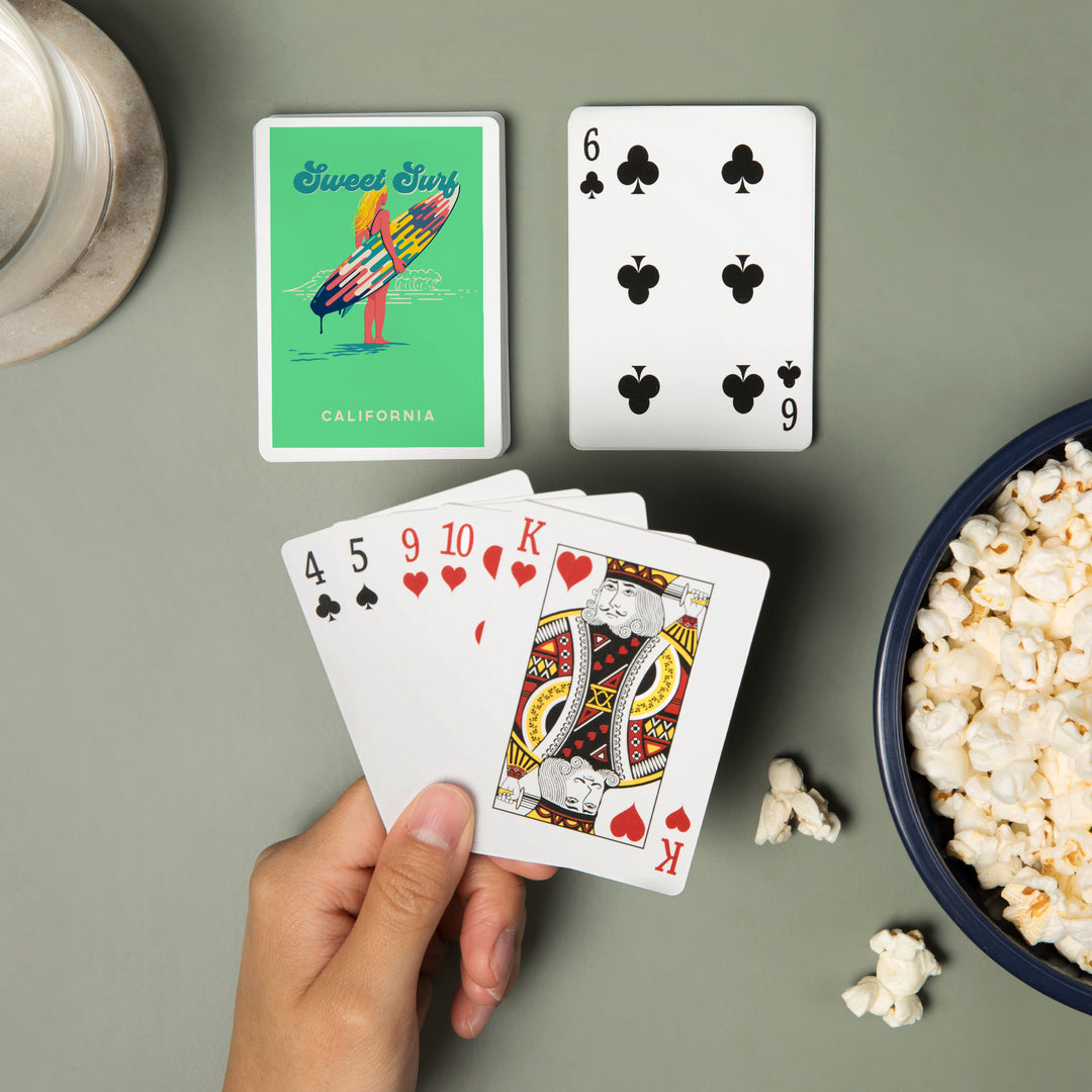 Playing Cards, California, Sweet Relief Collection, Surfer Girl with Surfboard, 52 Card Deck with Jokers in Box, Unique Art