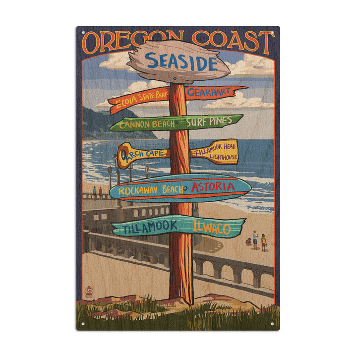 Seaside, Oregon, Signpost, Lantern Press Artwork, Wood Signs and Postcards