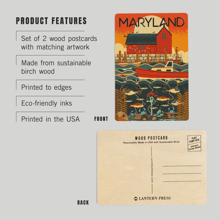 Maryland, Geometric, Wood Sign and Postcards