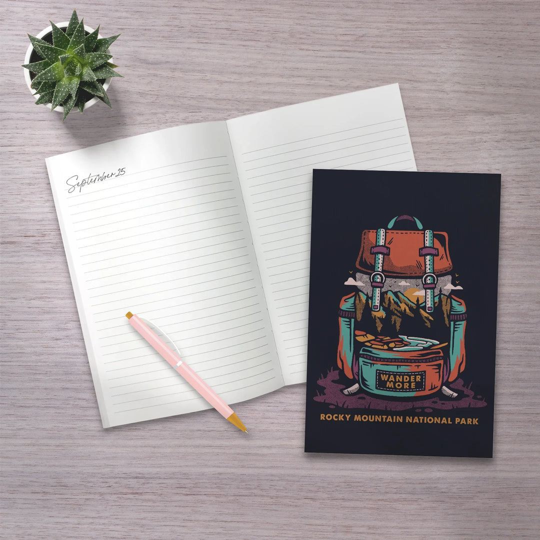 Lined 6x9 Journal, Rocky Mountain National Park, Colorado, Backpack, Wander More, Distressed Vector, Lay Flat, 193 Pages, FSC paper