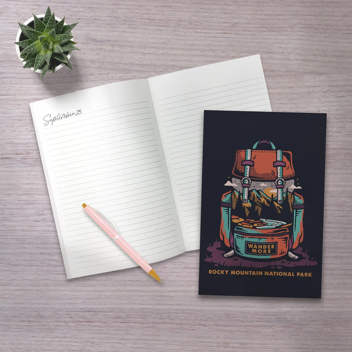 Lined 6x9 Journal, Rocky Mountain National Park, Colorado, Backpack, Wander More, Distressed Vector, Lay Flat, 193 Pages, FSC paper